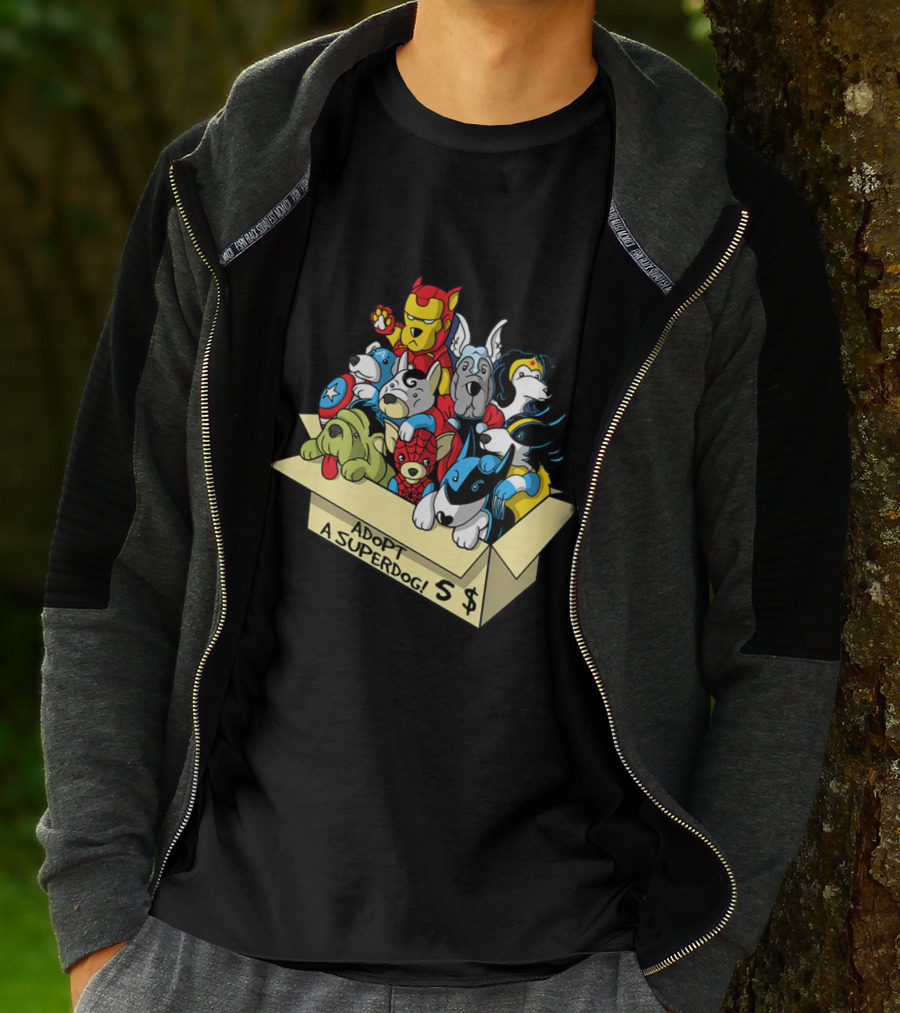 Adopt A Superdog Hero Box With $5 Avengers And Justice League Canine Cosplay T-Shirt
