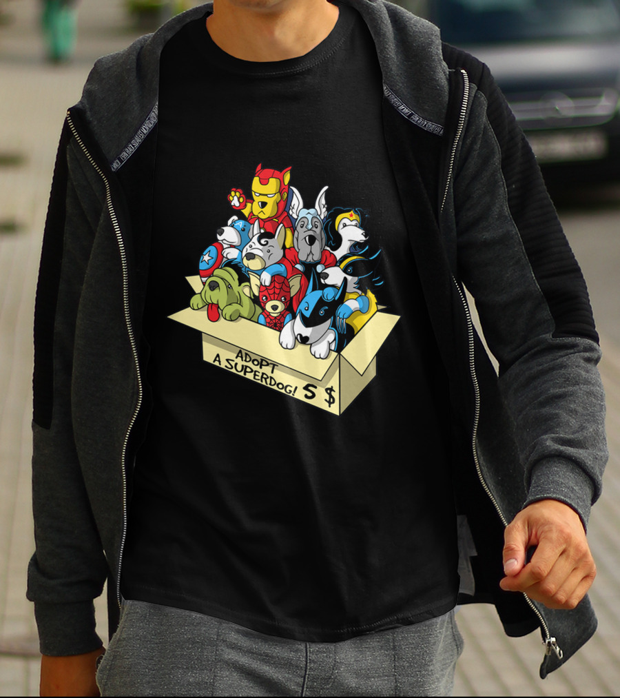 Adopt A Superdog Hero Box With $5 Avengers And Justice League Canine Cosplay T-Shirt