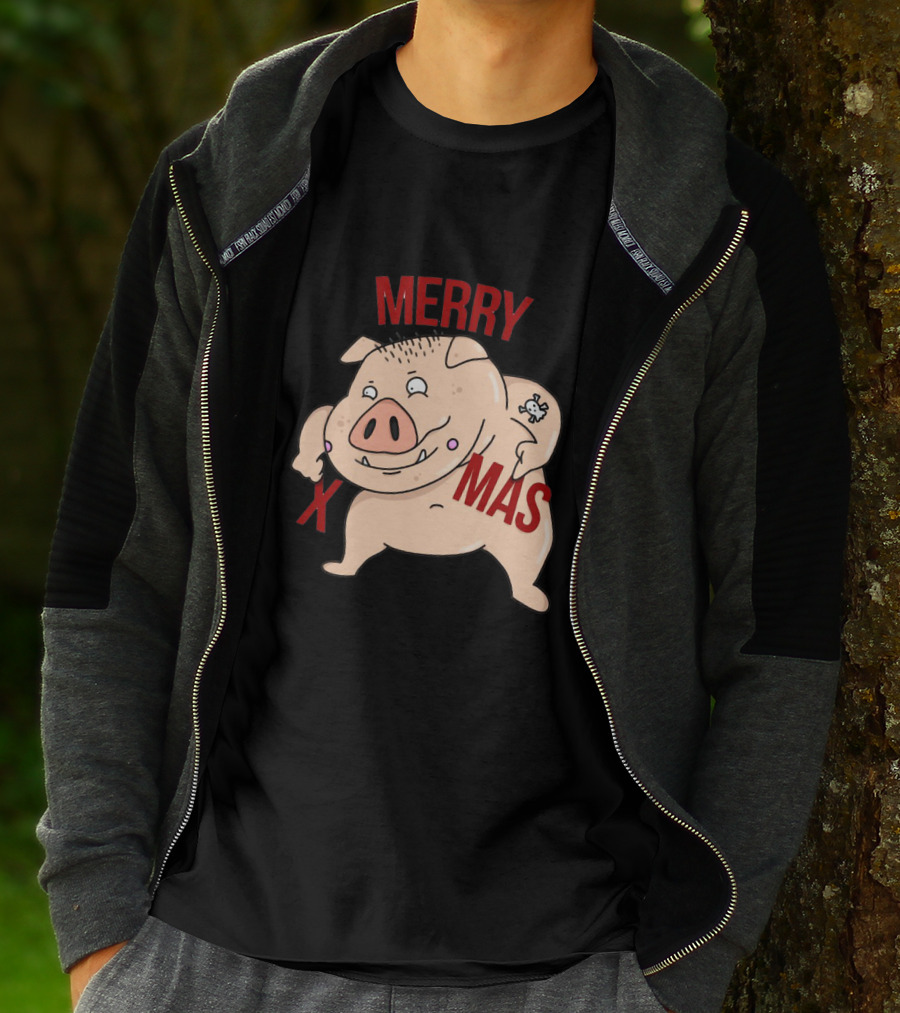 Merry Xmas Pig With Bone Tattoo T-Shirt