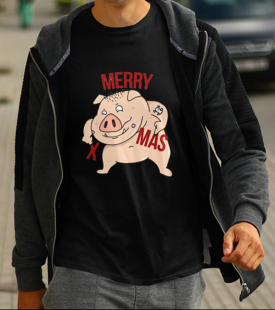 Merry Xmas Pig With Bone Tattoo T-Shirt