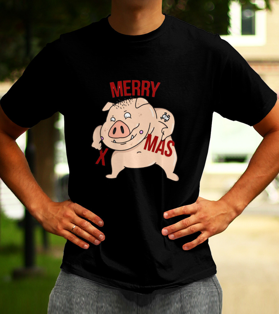 Merry Xmas Pig With Bone Tattoo T-Shirt