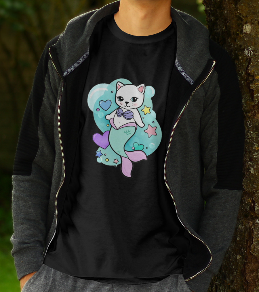 Barbiecore Pretty Purrmaid Pastel Cute Cat Mermaid Bubbles Hearts Stars T-Shirt