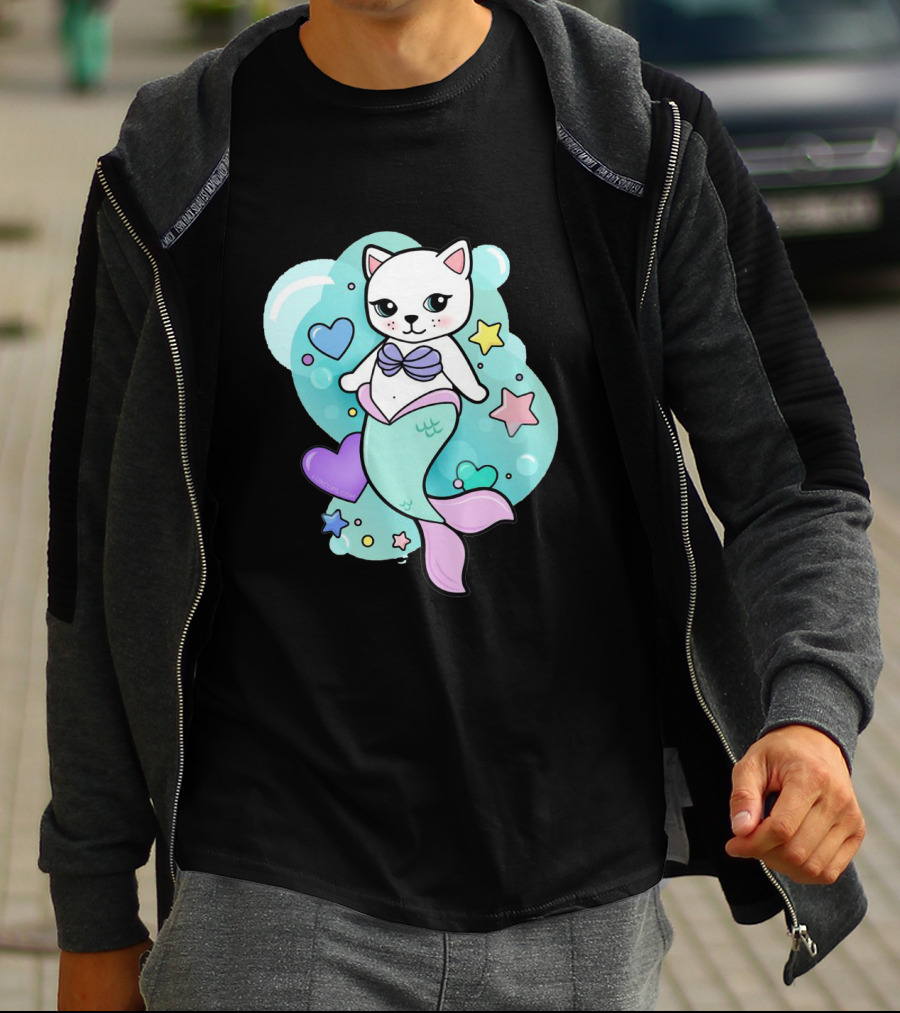 Barbiecore Pretty Purrmaid Pastel Cute Cat Mermaid Bubbles Hearts Stars T-Shirt