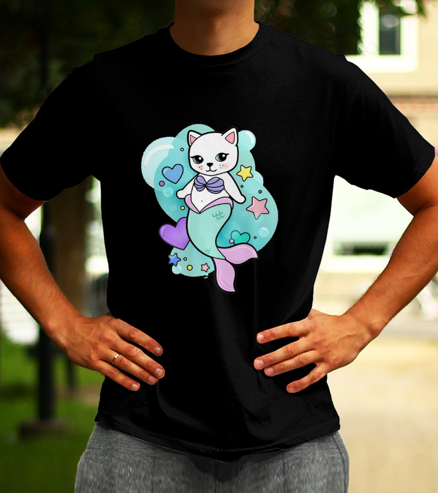 Barbiecore Pretty Purrmaid Pastel Cute Cat Mermaid Bubbles Hearts Stars T-Shirt
