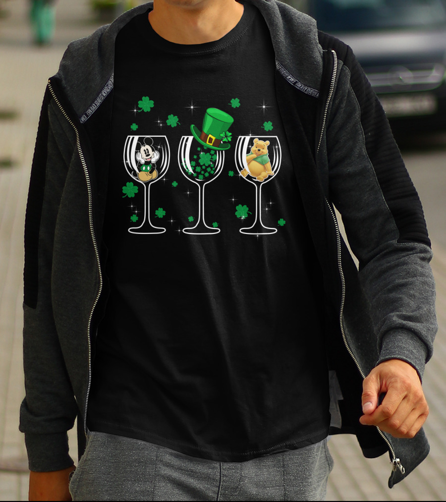 Mickey Patrick Pooh St. Patrick’s Day Wine Glass Trio T-Shirt