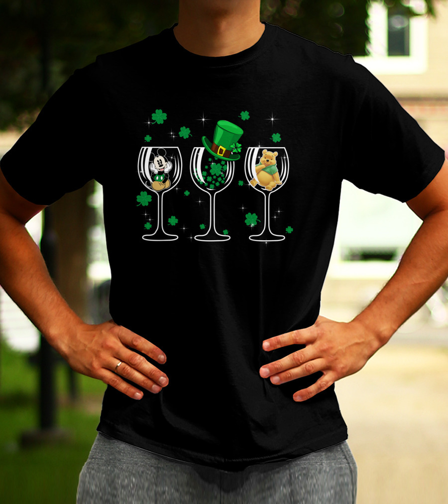 Mickey Patrick Pooh St. Patrick’s Day Wine Glass Trio T-Shirt