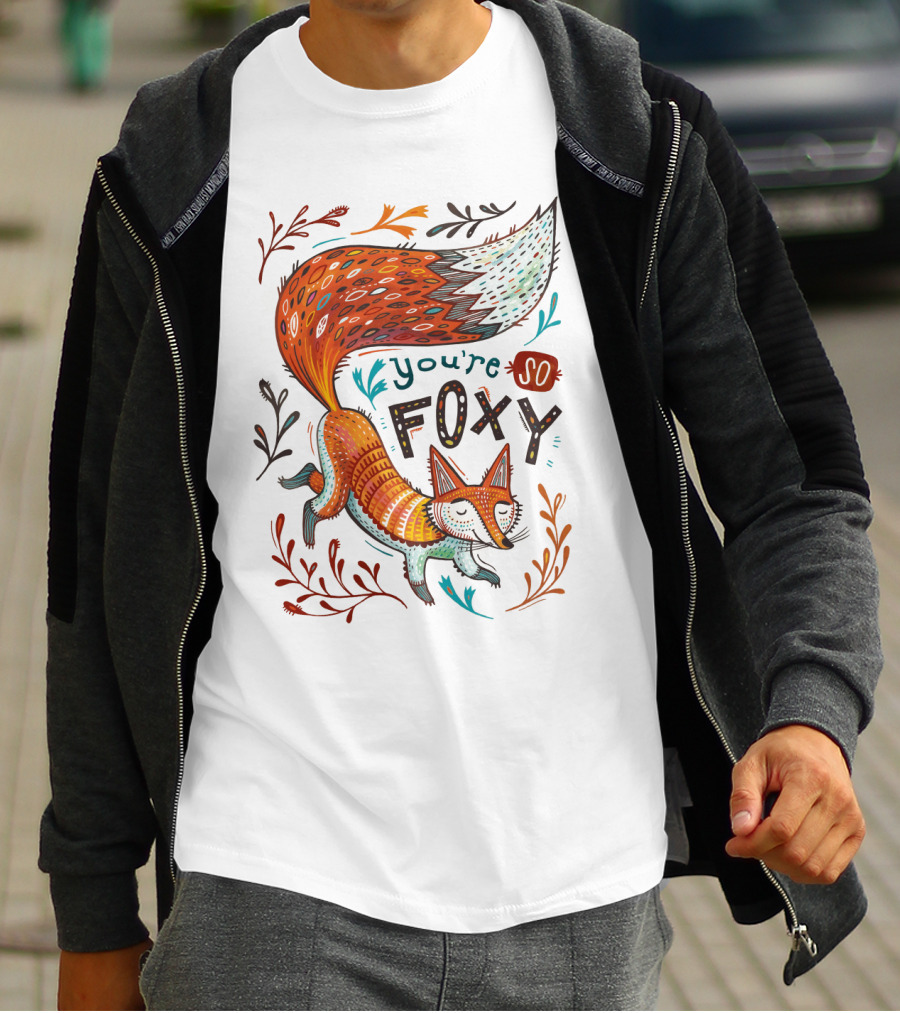 You're So Foxy Fox Design With Colorful Tail And Floral Accents T-Shirt