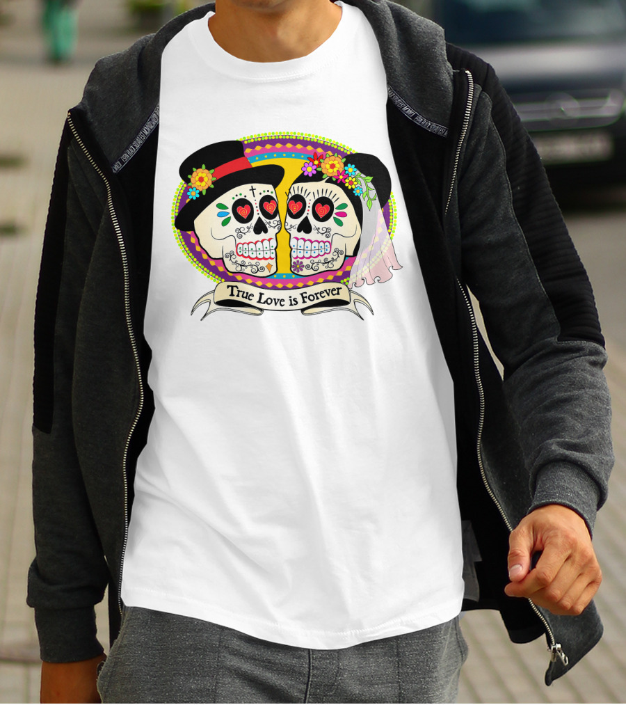 True Love Is Forever Colorful Skull Bride And Groom T-Shirt