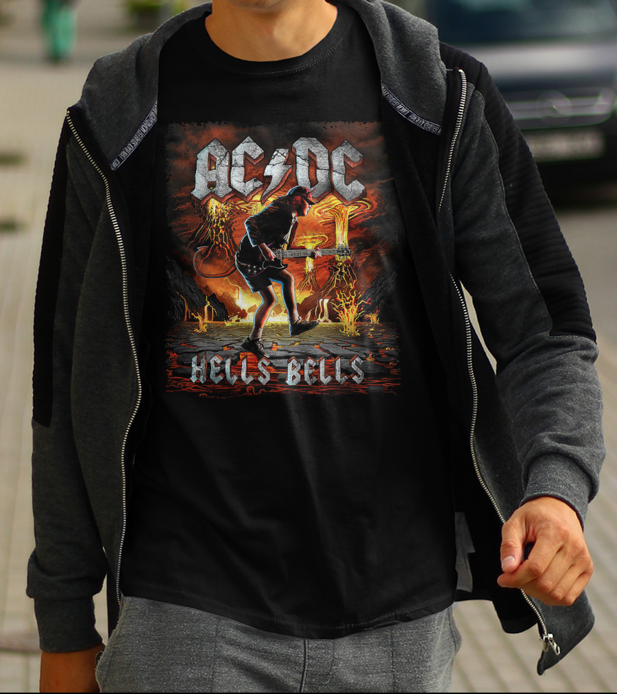 AC/DC Hells Bells Guitarist With Volcanic Eruption Background T-Shirt