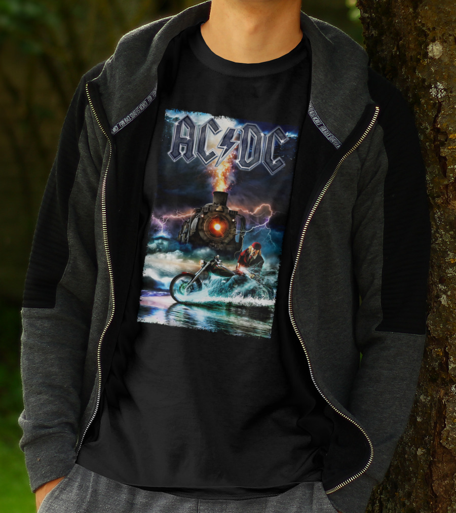 AC/DC Rock And Roll Train With Lightning And Motorbike Scene T-Shirt
