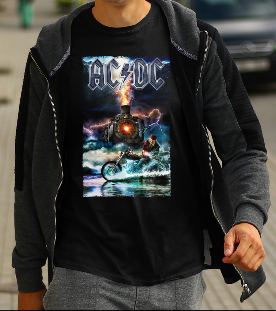 AC/DC Rock And Roll Train With Lightning And Motorbike Scene T-Shirt