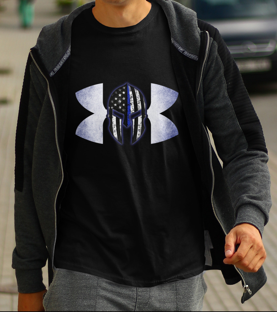 Thin Blue Line Spartan Helmet With American Flag And Tactical T-Shirt