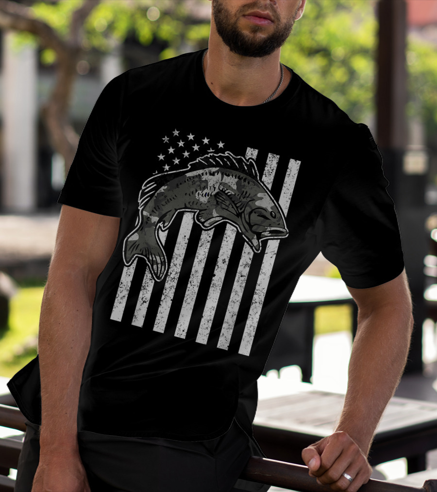 American Flag Camouflage Bass Fishing Mens T-Shirt