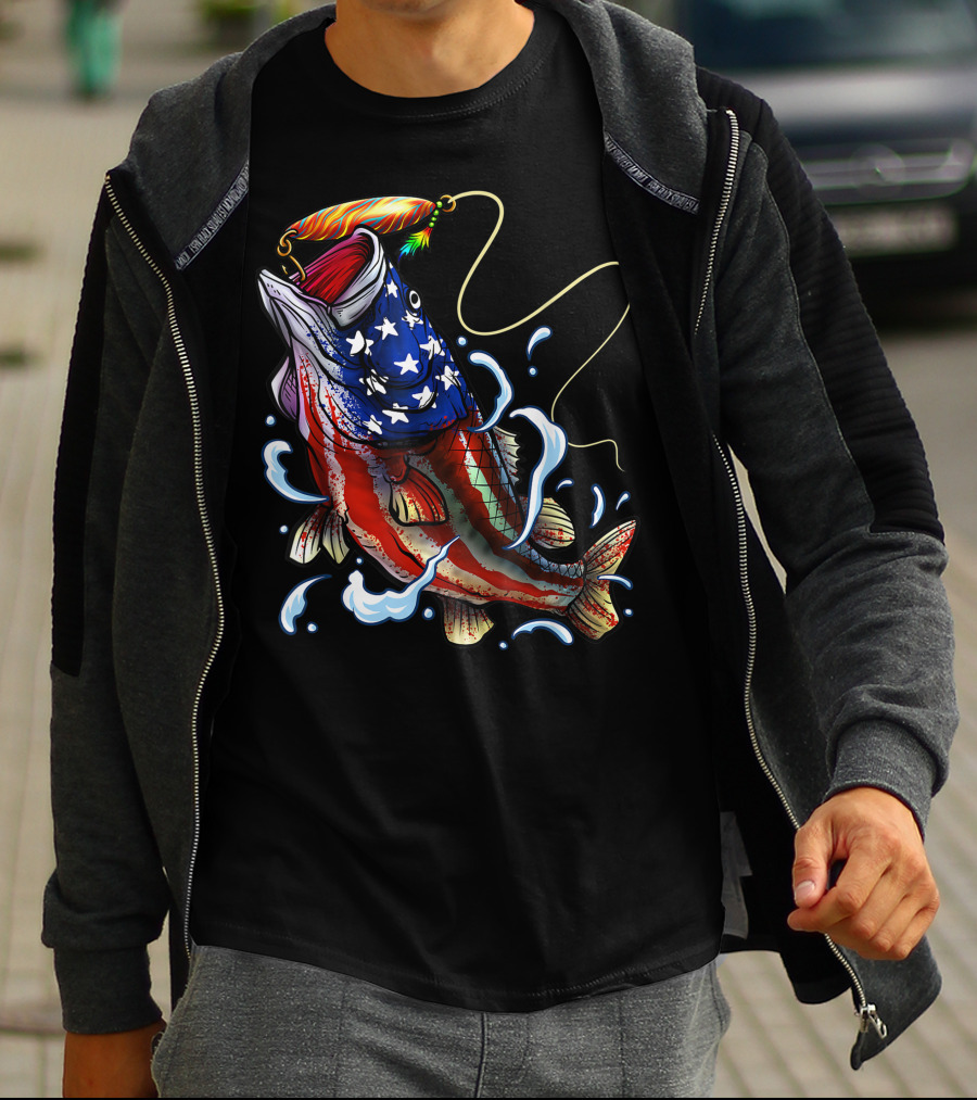 American Flag Bass Fishing Angler Dad Fish T-Shirt