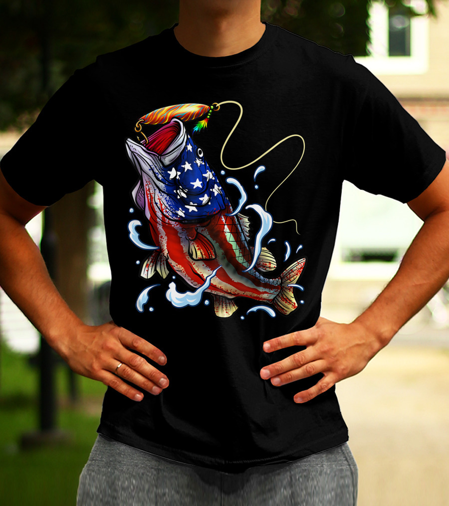 American Flag Bass Fishing Angler Dad Fish T-Shirt