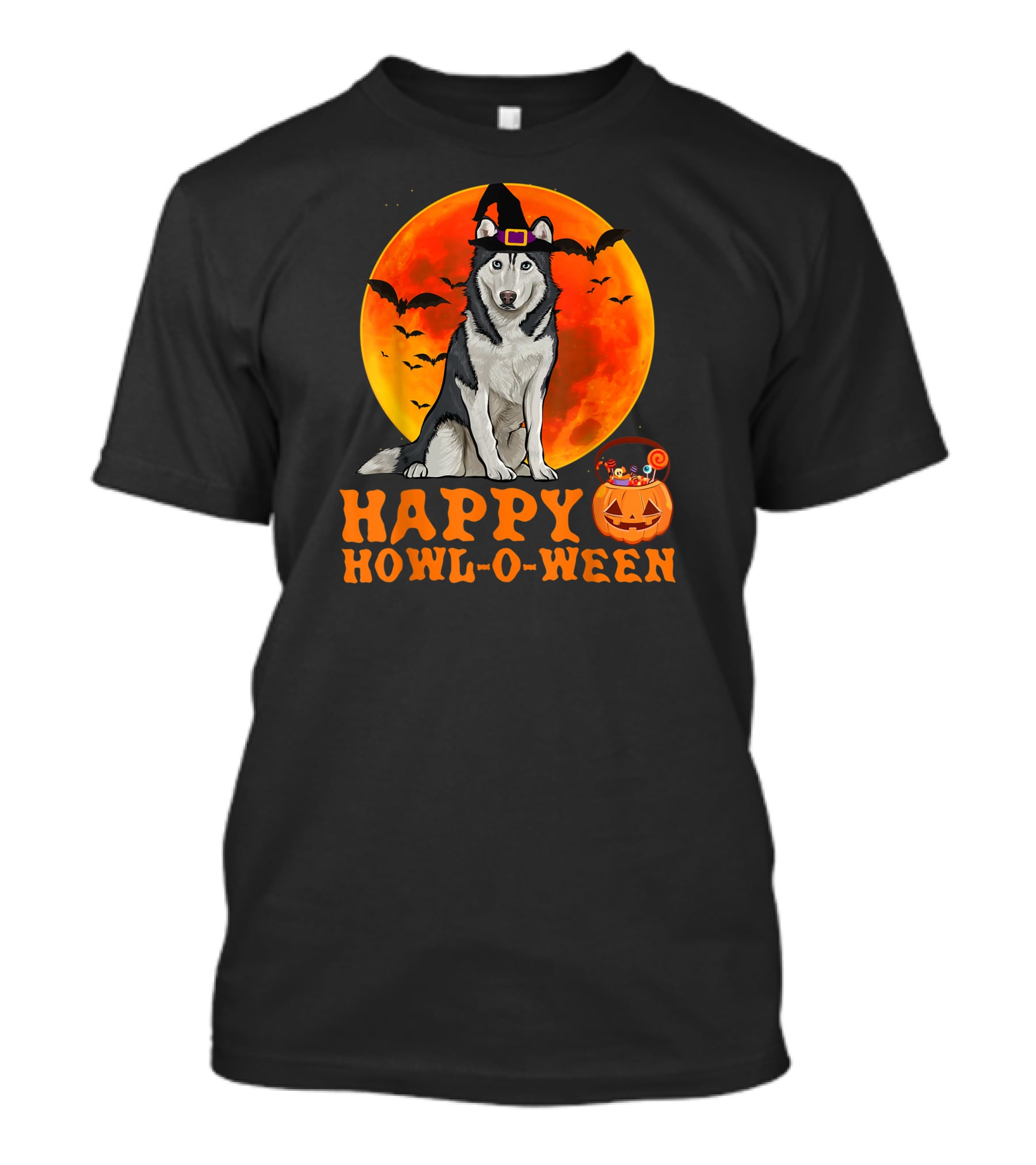 Halloween Siberian Husky Dog Happy Howl-O-Ween Pumpkin Moon Bats T-Shirt