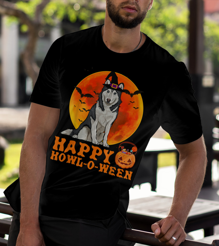 Halloween Siberian Husky Dog Happy Howl-O-Ween Pumpkin Moon Bats T-Shirt