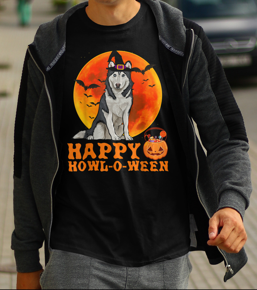 Halloween Siberian Husky Dog Happy Howl-O-Ween Pumpkin Moon Bats T-Shirt