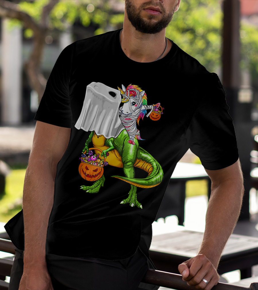 Funny Boo Dinosaur Mummy Unicorn Carrying Pumpkin Halloween T-Shirt