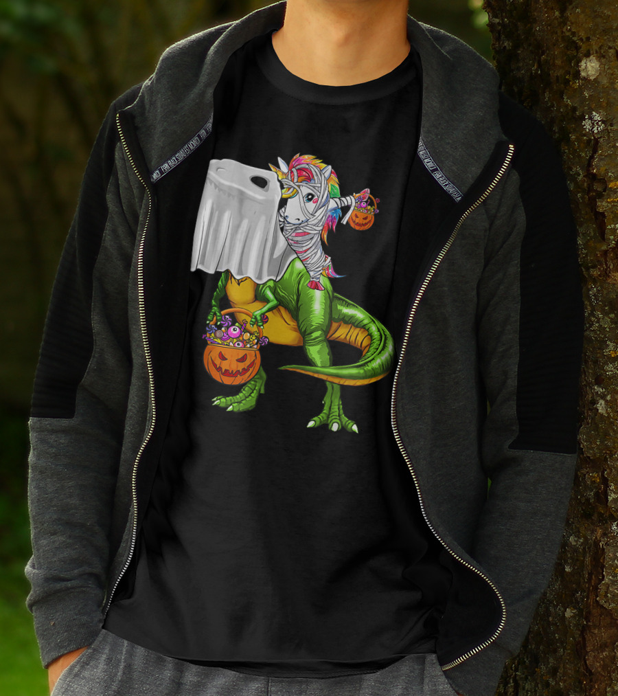 Funny Boo Dinosaur Mummy Unicorn Carrying Pumpkin Halloween T-Shirt