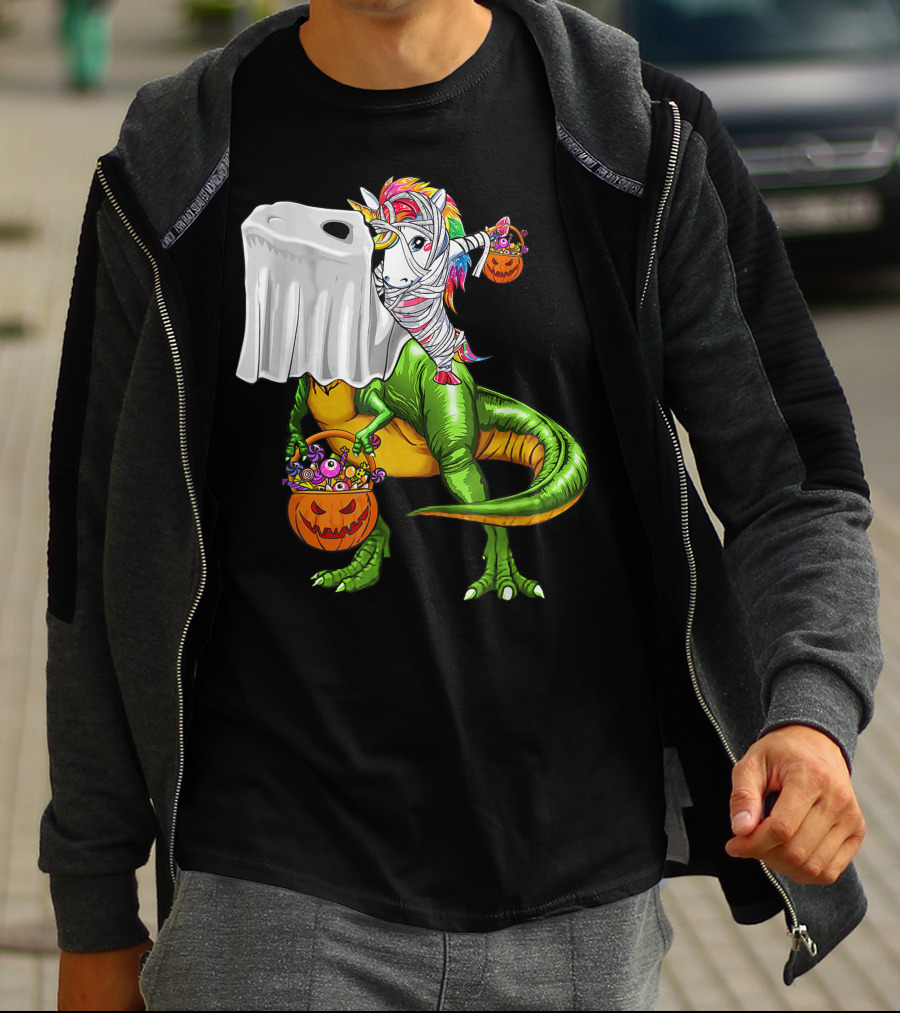 Funny Boo Dinosaur Mummy Unicorn Carrying Pumpkin Halloween T-Shirt