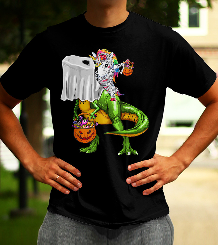 Funny Boo Dinosaur Mummy Unicorn Carrying Pumpkin Halloween T-Shirt