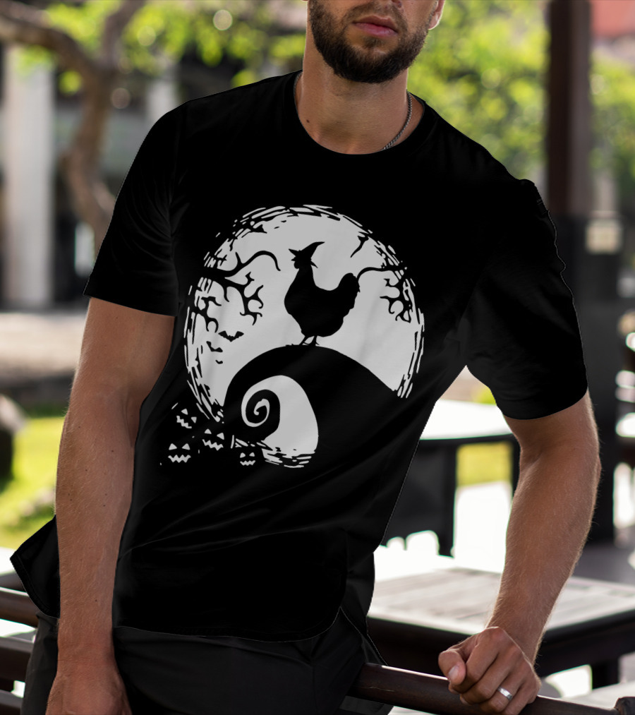 Funny Chicken Halloween Moon Pumpkin Nightmare Hill Scene T-Shirt
