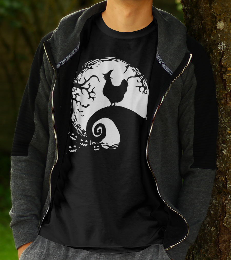 Funny Chicken Halloween Moon Pumpkin Nightmare Hill Scene T-Shirt