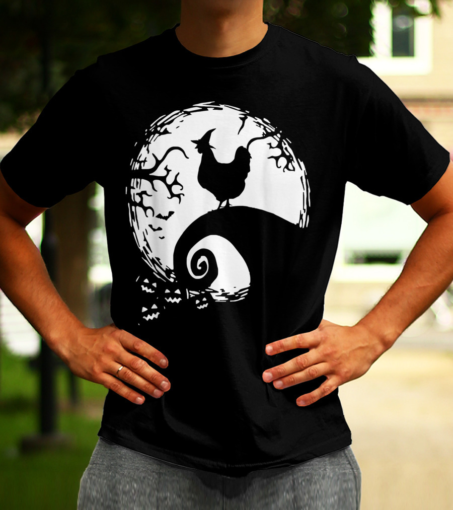 Funny Chicken Halloween Moon Pumpkin Nightmare Hill Scene T-Shirt