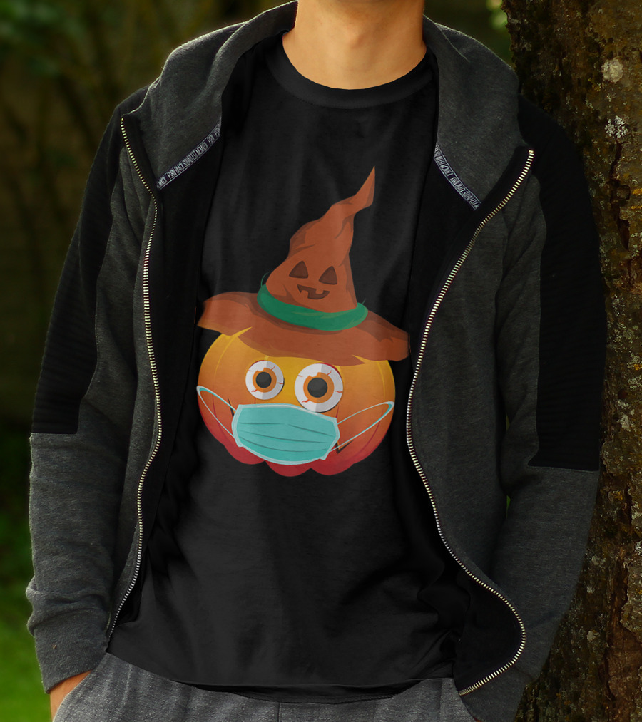 Funny Pumpkin Mask Witch Hat Costume T-Shirt