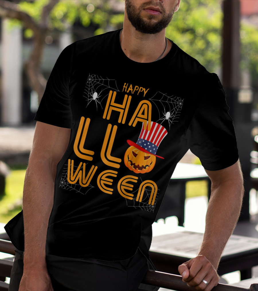 Happy Halloween Funny Orange Pumpkin American Flag Hat With Spider Webs T-Shirt