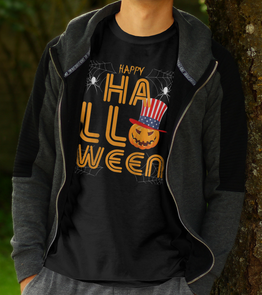Happy Halloween Funny Orange Pumpkin American Flag Hat With Spider Webs T-Shirt