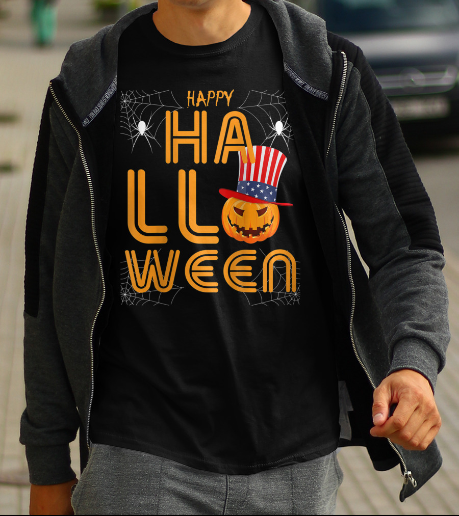 Happy Halloween Funny Orange Pumpkin American Flag Hat With Spider Webs T-Shirt