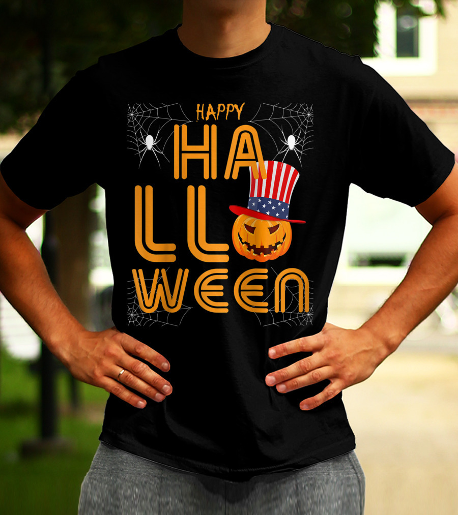 Happy Halloween Funny Orange Pumpkin American Flag Hat With Spider Webs T-Shirt