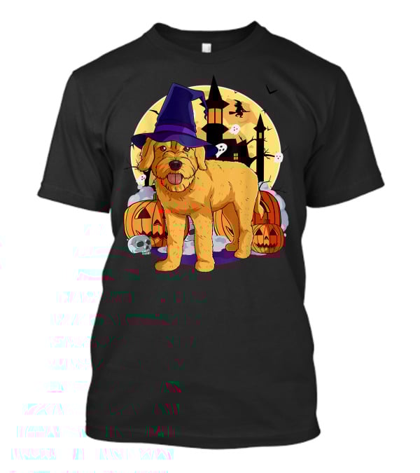 Happy Halloween Goldendoodle Dog Witch Hat Pumpkin Moon Haunted House Ghosts T-Shirt