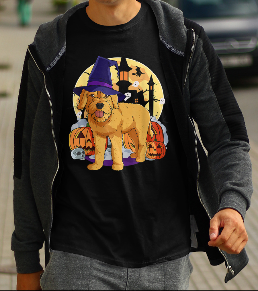 Happy Halloween Goldendoodle Dog Witch Hat Pumpkin Moon Haunted House Ghosts T-Shirt