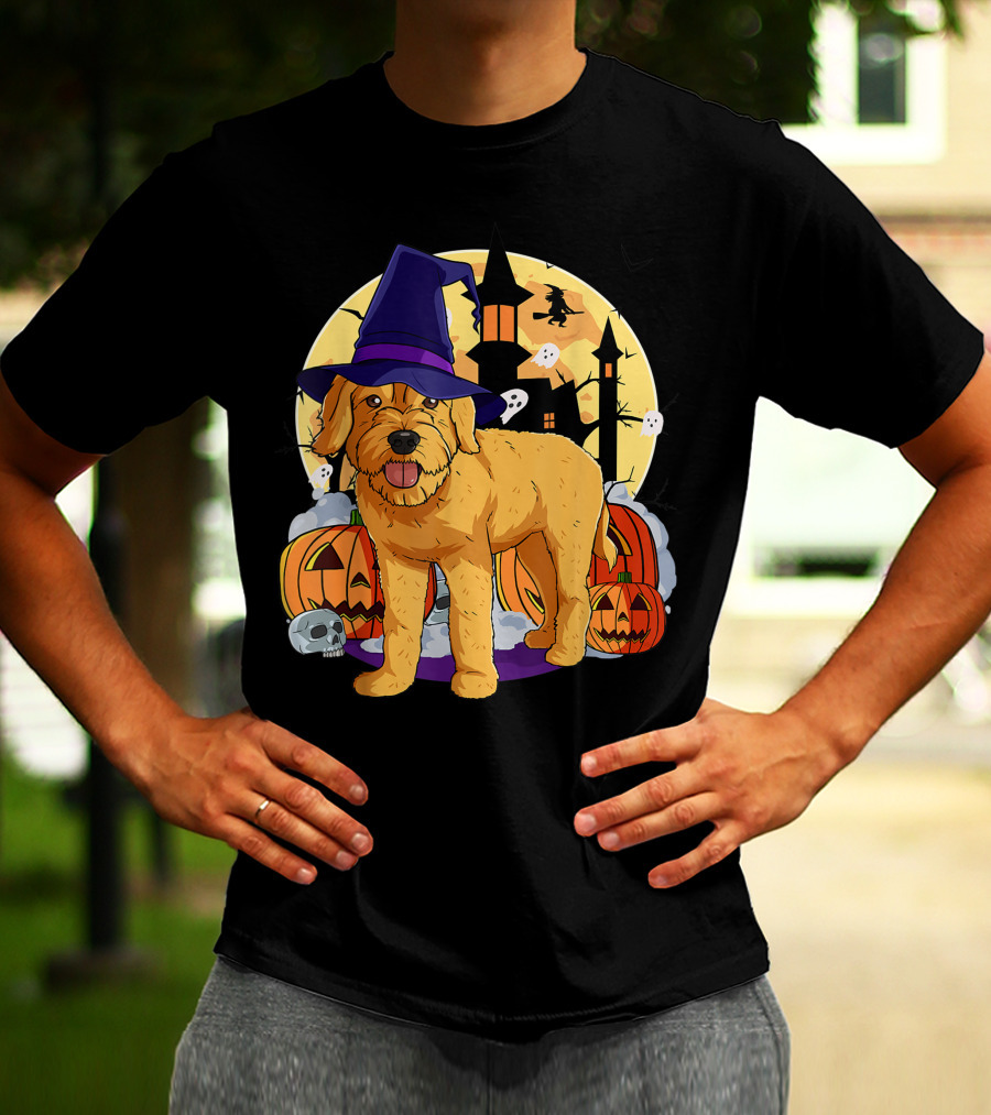 Happy Halloween Goldendoodle Dog Witch Hat Pumpkin Moon Haunted House Ghosts T-Shirt