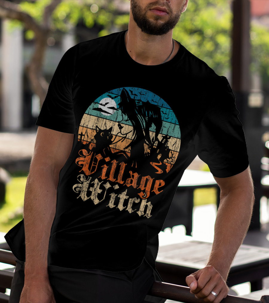 Village Witch Cat Silhouette Moon Sunset T-Shirt
