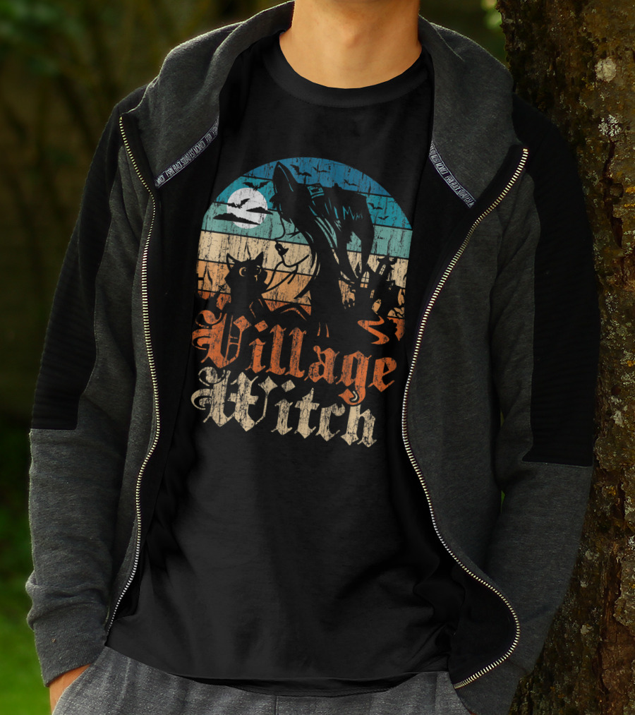 Village Witch Cat Silhouette Moon Sunset T-Shirt