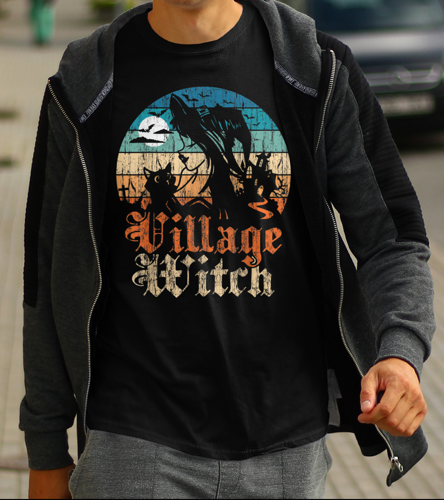 Village Witch Cat Silhouette Moon Sunset T-Shirt