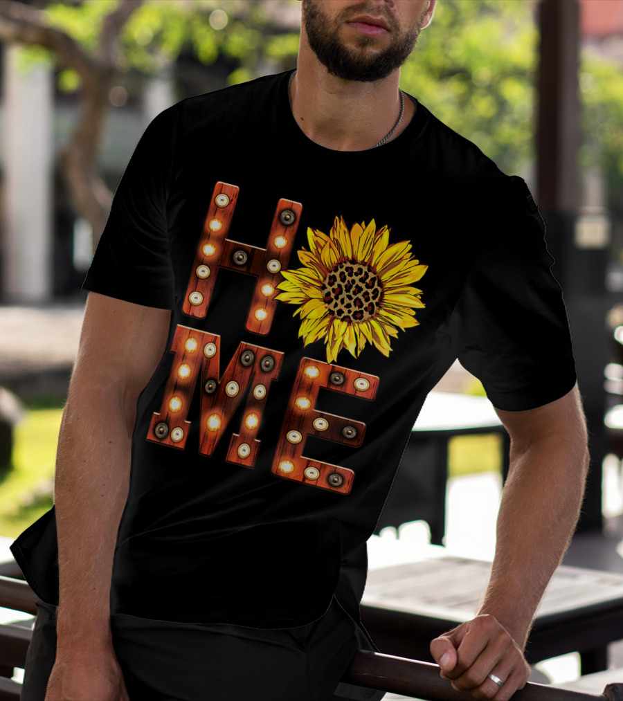 Sunflower Marquee Letters Home Word With Leopard Center Halloween Fall Pumpkins Colorful T-Shirt