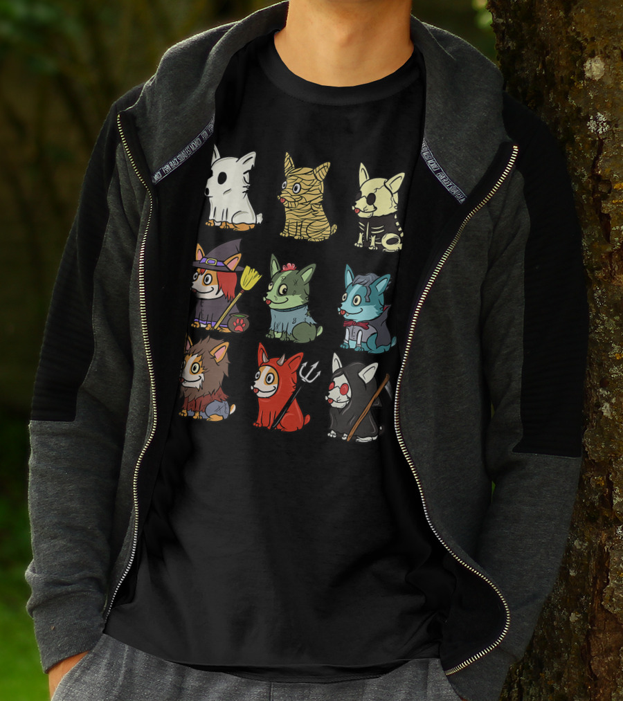 Corgi In Scary Ghost, Mummy, Skeleton, Witch, Zombie, Vampire, Werewolf, Devil, And Grim Reaper Costumes Funny Dog T-Shirt