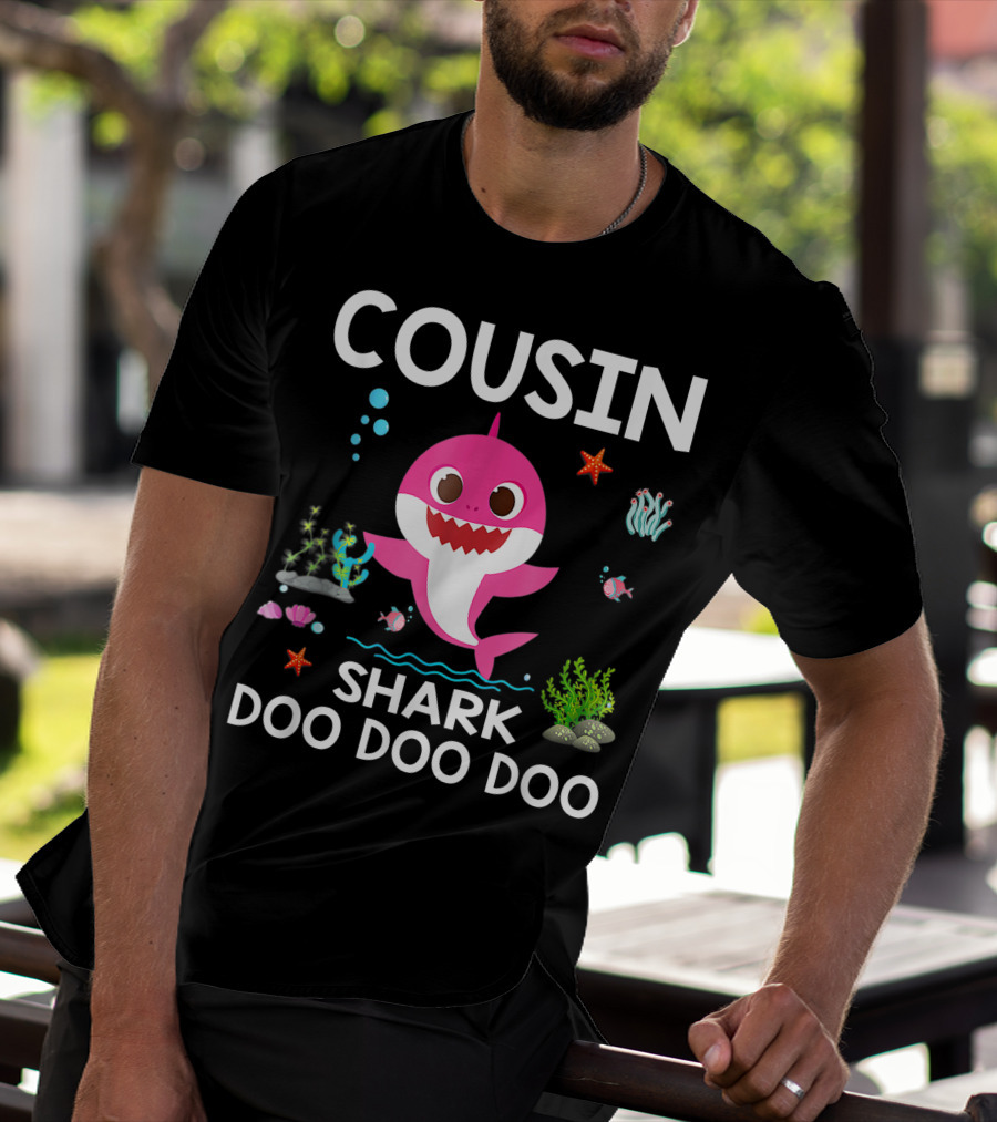 Cousin Shark Doo Doo Doo Funny Cousin Best Birthday With Underwater Sea Creatures And Pink Shark T-Shirt