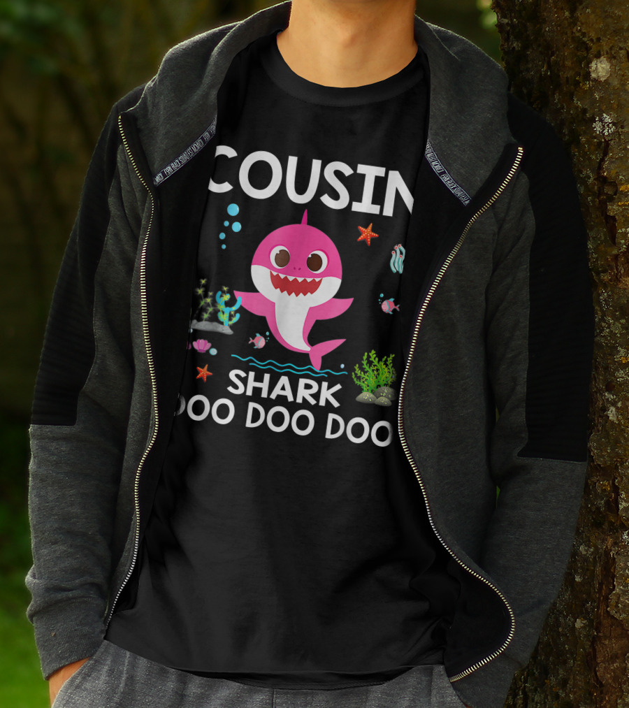 Cousin Shark Doo Doo Doo Funny Cousin Best Birthday With Underwater Sea Creatures And Pink Shark T-Shirt