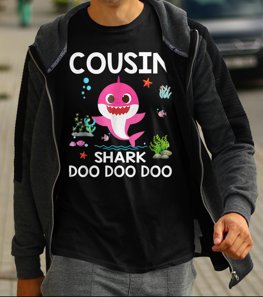 Cousin Shark Doo Doo Doo Funny Cousin Best Birthday With Underwater Sea Creatures And Pink Shark T-Shirt