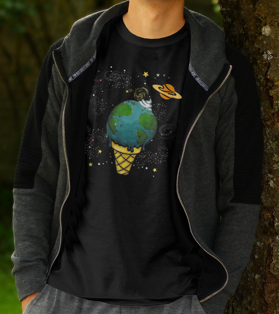 Funny Space Galaxy Earth Saturn Planets In Ice Cream Cone T-Shirt