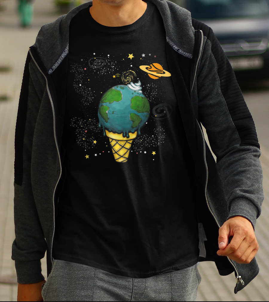 Funny Space Galaxy Earth Saturn Planets In Ice Cream Cone T-Shirt