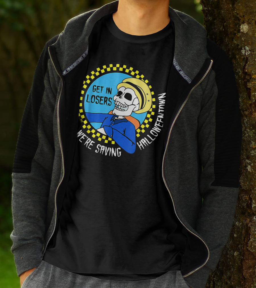 Get In Losers Skull Drive We're Saving Halloween Town Checker Circle Blue Background T-Shirt