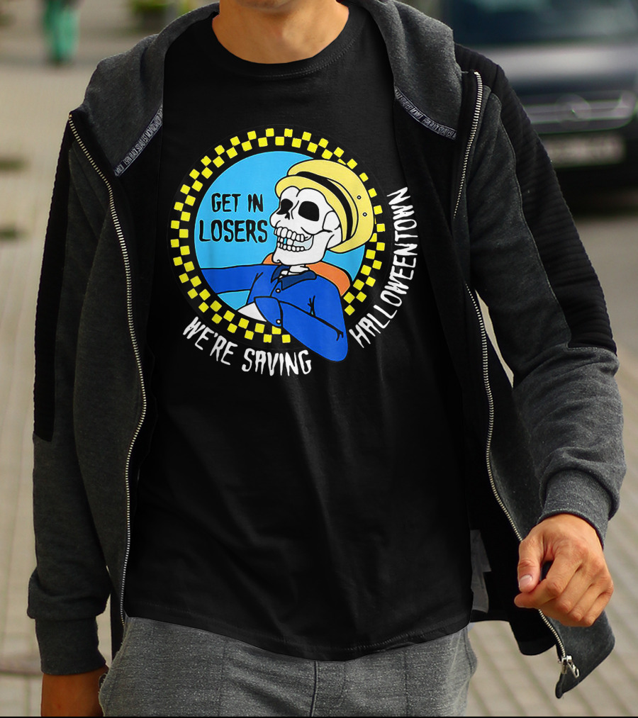 Get In Losers Skull Drive We're Saving Halloween Town Checker Circle Blue Background T-Shirt
