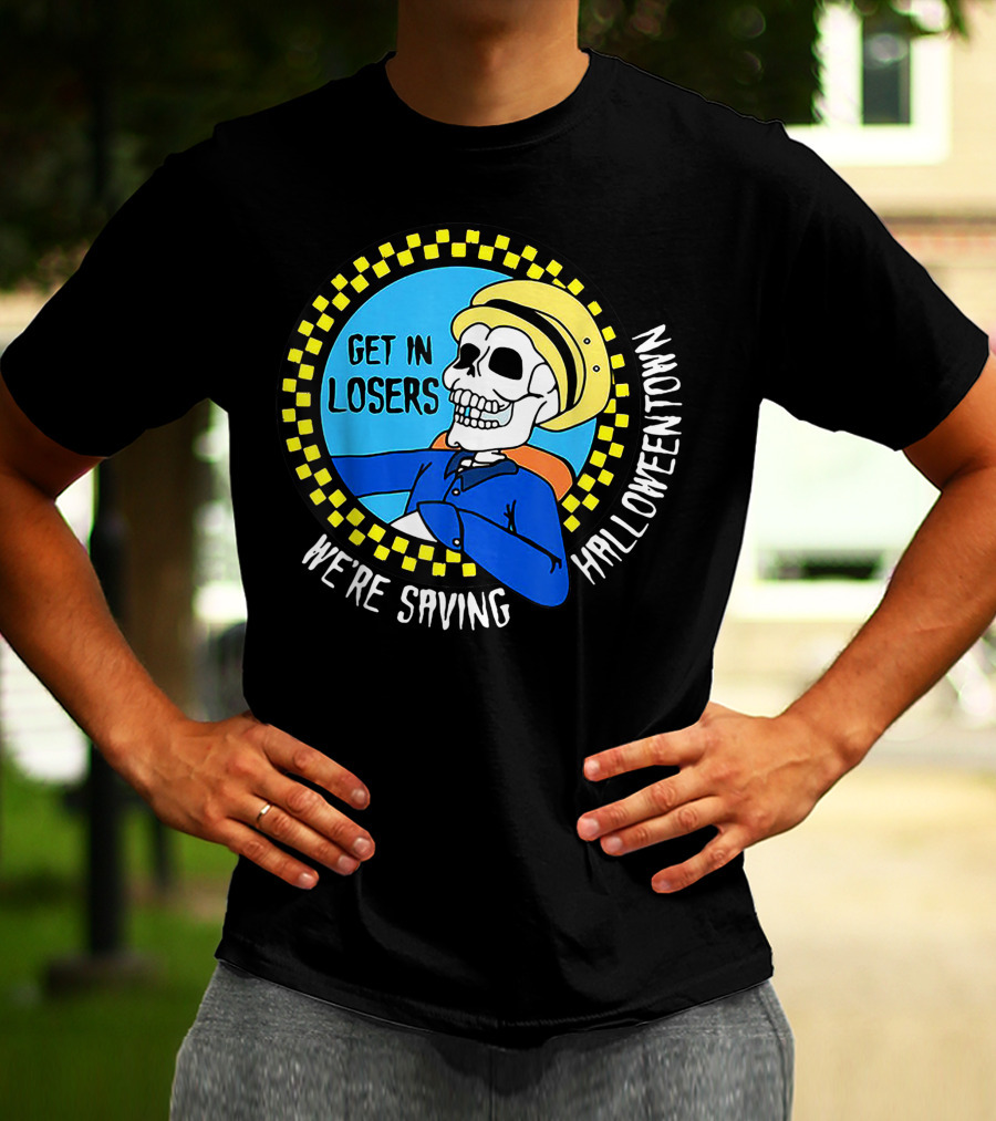 Get In Losers Skull Drive We're Saving Halloween Town Checker Circle Blue Background T-Shirt